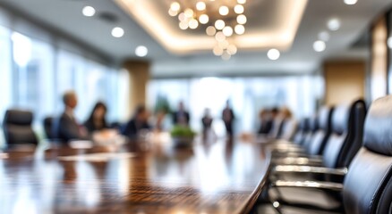 Blurred modern corporate conference room interior with a polished table and elegant lighting, creating a sophisticated atmosphere for business meetings and strategic planning