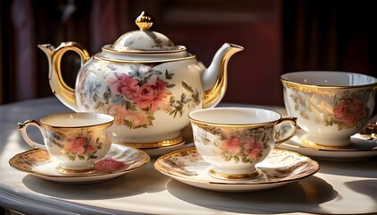 Antique teapot and cup set with white floral pattern, gold accents and silhouette of sunlight shining through it.