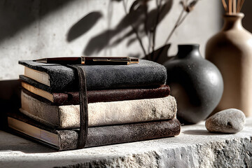 Obraz premium Rustic Elegance: Leather Notebooks and Stone Vase in Natural Sunlight for Creative Inspiration