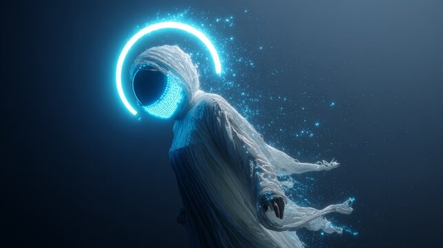 Mystical figure dressed in white, features glowing blue halo and digital face, surrounded by sparkling particles, creating an otherworldly and enchanting scene - Powered by Adobe