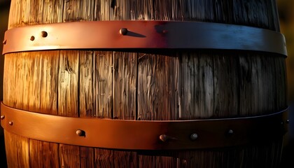 Close up shot of an old wooden barrel with the wood grain clearly visible and a copper metal band running around it.