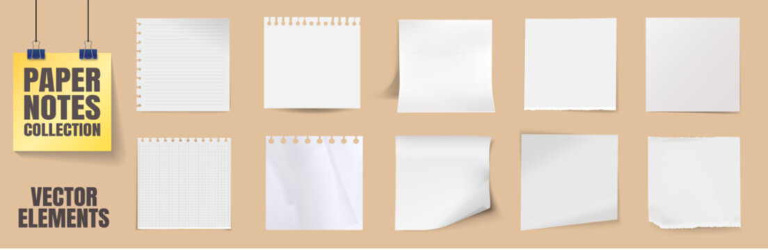 Realistic paper notes collection. Torn notebook pages and blank memo sheets with shadow and curled corners. Vector stationery set on transparent background