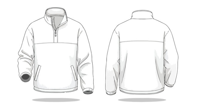 Technical sketch of a half-zip fleece pullover featuring front and back views on a plain white background showcasing garment construction details