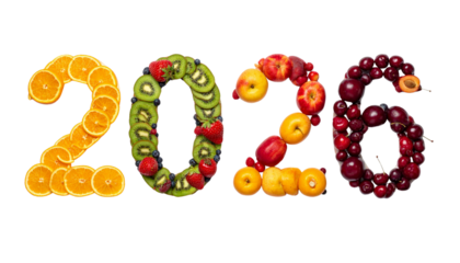 Two Variations of 2026 Year Made of Assorted Fresh Fruits, Isolated on Transparent Background PNG
