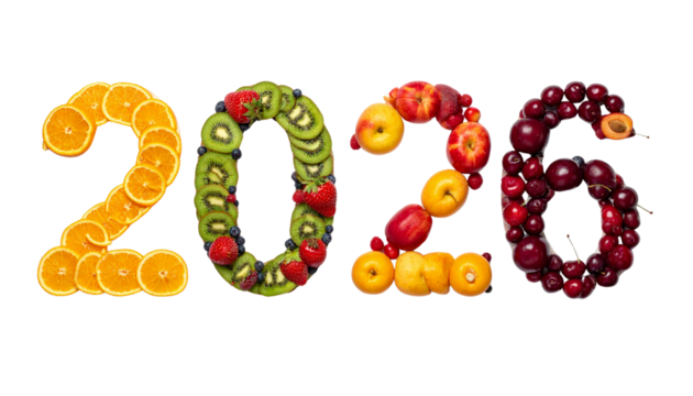 Two Variations of 2026 Year Made of Assorted Fresh Fruits, Isolated on Transparent Background PNG