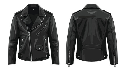 Illustrative portrayal of a classic black leather biker jacket, showcasing front and back perspectives, perfect for fashion or design presentations,