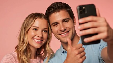 A cheerful young couple using a smartphone together—browsing, taking selfies, laughing, and video calling—against a clean pink background. - Powered by Adobe
