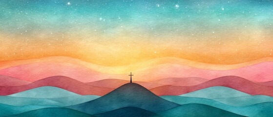 Spiritual sunrise over glowing cross peaceful landscape watercolor art divine light resurrection theme light of hope