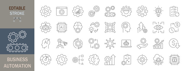 Business automation icon set. Containing process, optimization, robotic integration, business model, and more. Editable line icons. Vector illustration.