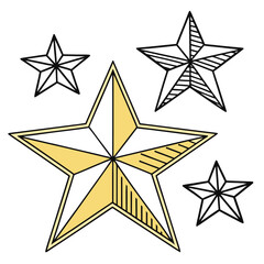 Obraz premium A collection of stylized five pointed stars in varying sizes and designs with yellow and white coloring and black outlines