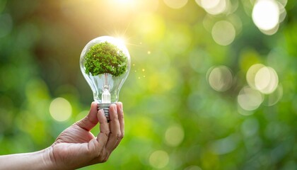 Idea and creativity concept with hand holding lightbulb featuring miniature green tree, suitable for environmental awareness campaigns and sustainability themes.