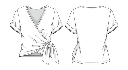Technical Fashion Illustration: Wrap Top Design with Rolled Sleeves and Tie Detail Depicting Front and Back Views in Minimalist Style