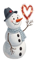 Smiling snowman holding a sparkling heart made of tinsel on a transparent background