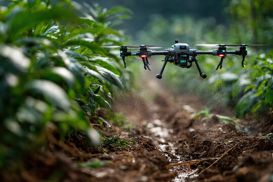 An industrial drone flies low over a green field, spraying beneficial pesticides. Modern technologies in agriculture. Drones in agriculture.