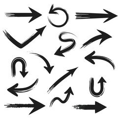 Hand drawn arrow collection, Color curved, zig zag and squiggle doodled arrows set, Pencil chalk arrow scribbles collection, Black curved and straight doodle arrows set, bold paint stroke direction,