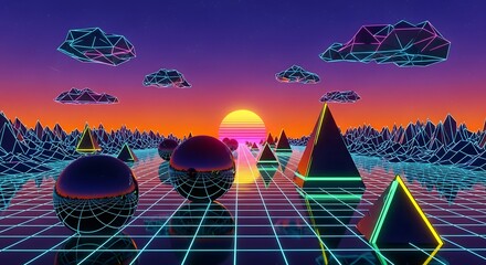 Retro Wave Landscape with Wireframe Geometric Shapes at Sunset