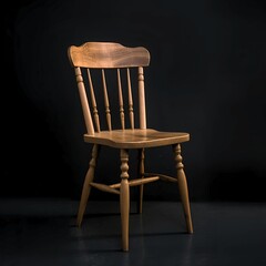 A classic style wooden chair stands elegantly on a dark floor with a black background. The backrest design consists of several vertical wooden slats with finely carved details on the legs