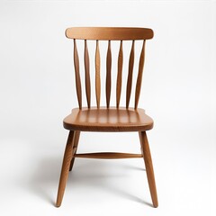 A modern style wooden chair with a classic touch stands on a clean white background. The backrest consists of slender wooden slats that curve gently, giving an elegant and balanced impression