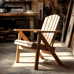 A wooden chair with a casual, outdoor-style design stands in the carpentry workshop. Its wide shape, with a slanted back and sturdy armrests, creates a comfortable and sturdy feel.