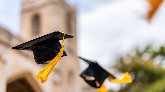 alumni. Academic caps suspended in air with golden tassels, evoking graduation pride and achievement. event programs, museum guides, designed for cultural heritage projects and event programs.