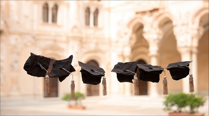 alumni. Academic caps suspended in air with golden tassels, evoking graduation pride and achievement. event programs, museum guides, designed for cultural heritage projects and event programs.
