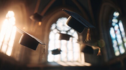 alumni. Academic caps suspended in air with golden tassels, evoking graduation pride and achievement. event programs, museum guides, designed for cultural heritage projects and event programs.