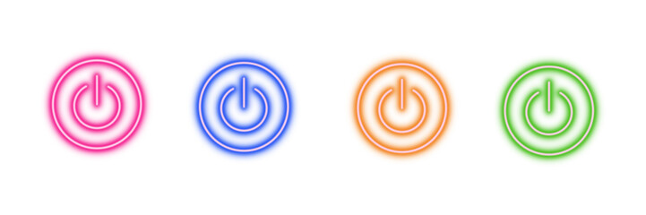 Neon glowing power button vector icons set, on off switch, standby, toggle, start, vibrant colorful digital design illustration on transparent background.