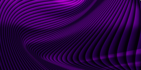 Abstract three-dimensional background dynamic pattern of wavy horizontal stripes shades dark purple. Smooth gradients and shadows modern futuristic feel liquid
