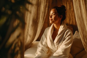 Obraz premium Elegant woman in a white spa robe relaxes gracefully in a luxury suite bathed in soft natural light, her beauty radiating warmth, balance, and refined wellness within a peaceful minimalist atmosphere.
