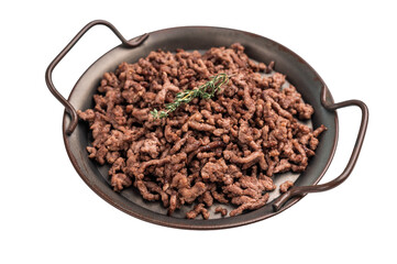 Fried mince beef and pork meat, fresh cooked mincemeat isolated on white background