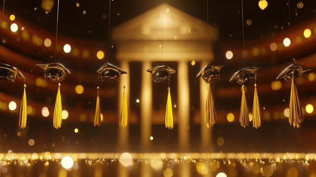 alumni. Academic caps suspended in air with golden tassels, evoking graduation pride and achievement. event programs, museum guides, designed for cultural heritage projects and event programs.