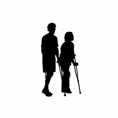 Silhouette of a rehabilitation therapist assisting a patient with crutches isolated on white background