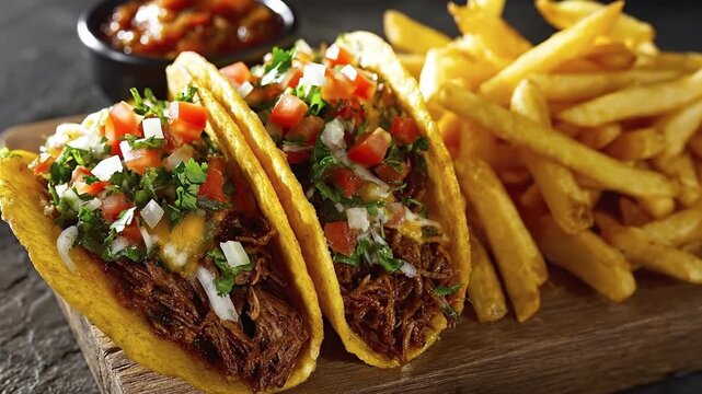 A tantalizing close-up shot features two perfectly prepared hard-shell tacos, brimming with savory shredded meat, gooey melted cheese, and a fresh topping of vibrant pico de gallo, consisting of diced