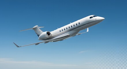 Fototapeta premium White private jet soars against a clear blue sky, slightly angled upward