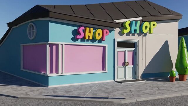 Boutique pastel 3D color&eacute;e avec enseigne lumineuse et fa&ccedil;ade stylis&eacute;e