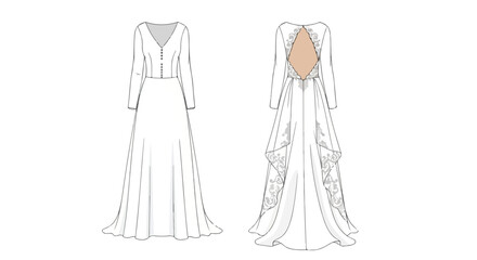 Elegant gown design sketch: A fusion of vintage charm with modern style highlighting open back detail and long sleeves for sophisticated simplicity
