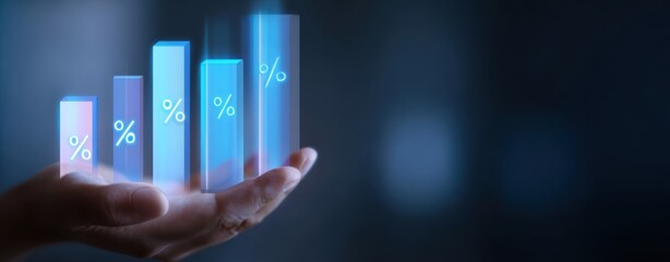 The Holographic Bar Chart Above a Hand Illustrating Percentage Growth and Financial Analytics