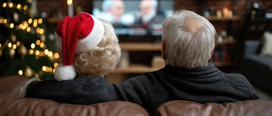 Elderly couple enjoying a cozy evening together, watching television in their living room with festive decorations during the holiday season