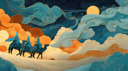 Three wise men magi journeying under a stylized night sky