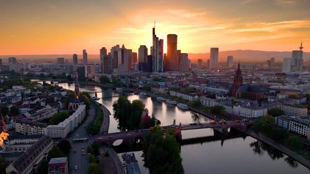Aerial sunset view of the skyline of Frankfurt am Main, Germany, wit the sun setting behind the office skyscrapers