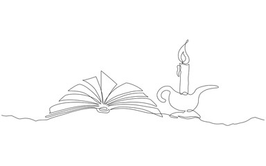 Continuous one line drawing of an open book and a candle on a holder, symbolizing knowledge, wisdom, and enlightenment in a minimalist artistic style. Vector Editable stroke.