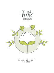 Vector sketch of Ethical fabric hand drawn sign with green leaves. Environmentally friendly planet illustration. Concept of recycling, fair trade, eco friendly fabric.