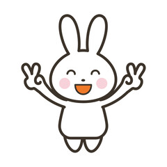 ダブルピースで大喜びの可愛いうさぎのキャラクターイラスト