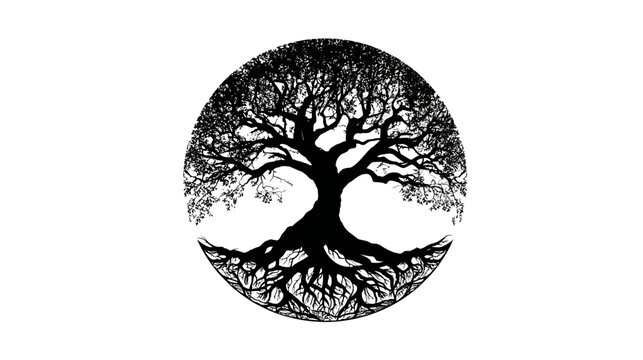 Silhouetted tree with roots and branches inside a circle