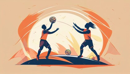 Dynamic volleyball match at sunset with players setting and spiking the ball in an energetic atmosphere and minimalist design