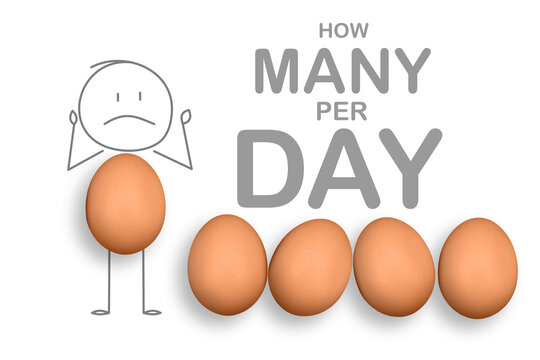 Chicken eggs on the white background with HOW MANY PER DAY. Eggs are one of the most nutritious and versatile foods in the world. - Powered by Adobe