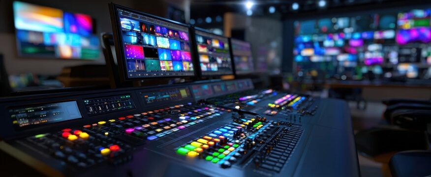 The Video Switcher Console in a Broadcast Control Room with Colorful LED Buttons and Monitors