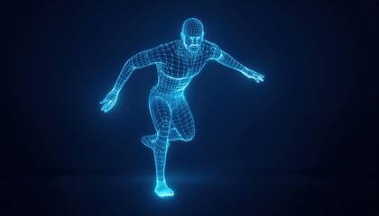 Fototapeta premium Dynamic movement of a parkour athlete in a wireframe design against a vibrant blue background showcasing athleticism and skill in an urban environment
