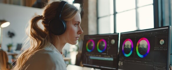 The video editor at dual monitors color grading cinematic footage in a sunlit studio