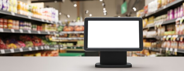 The touchscreen point of sale display on a supermarket checkout counter with groceries